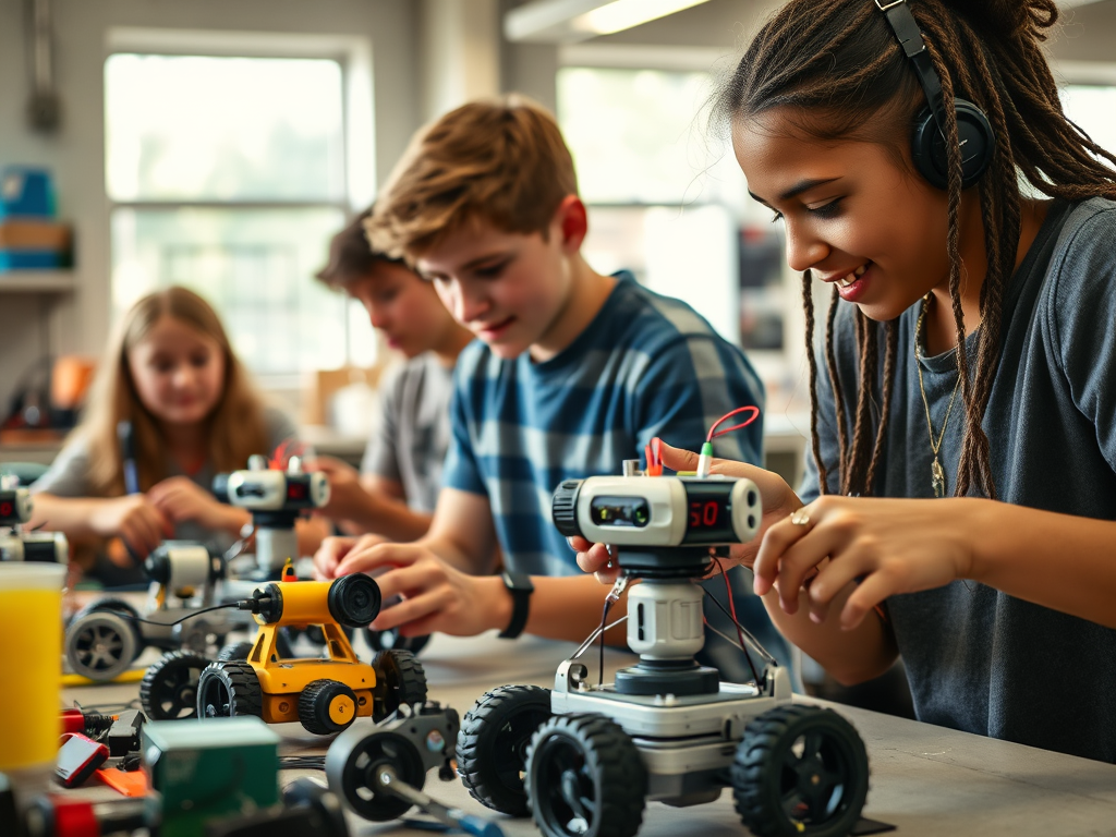 AI generated image of young teenagers working on robots in a makers space